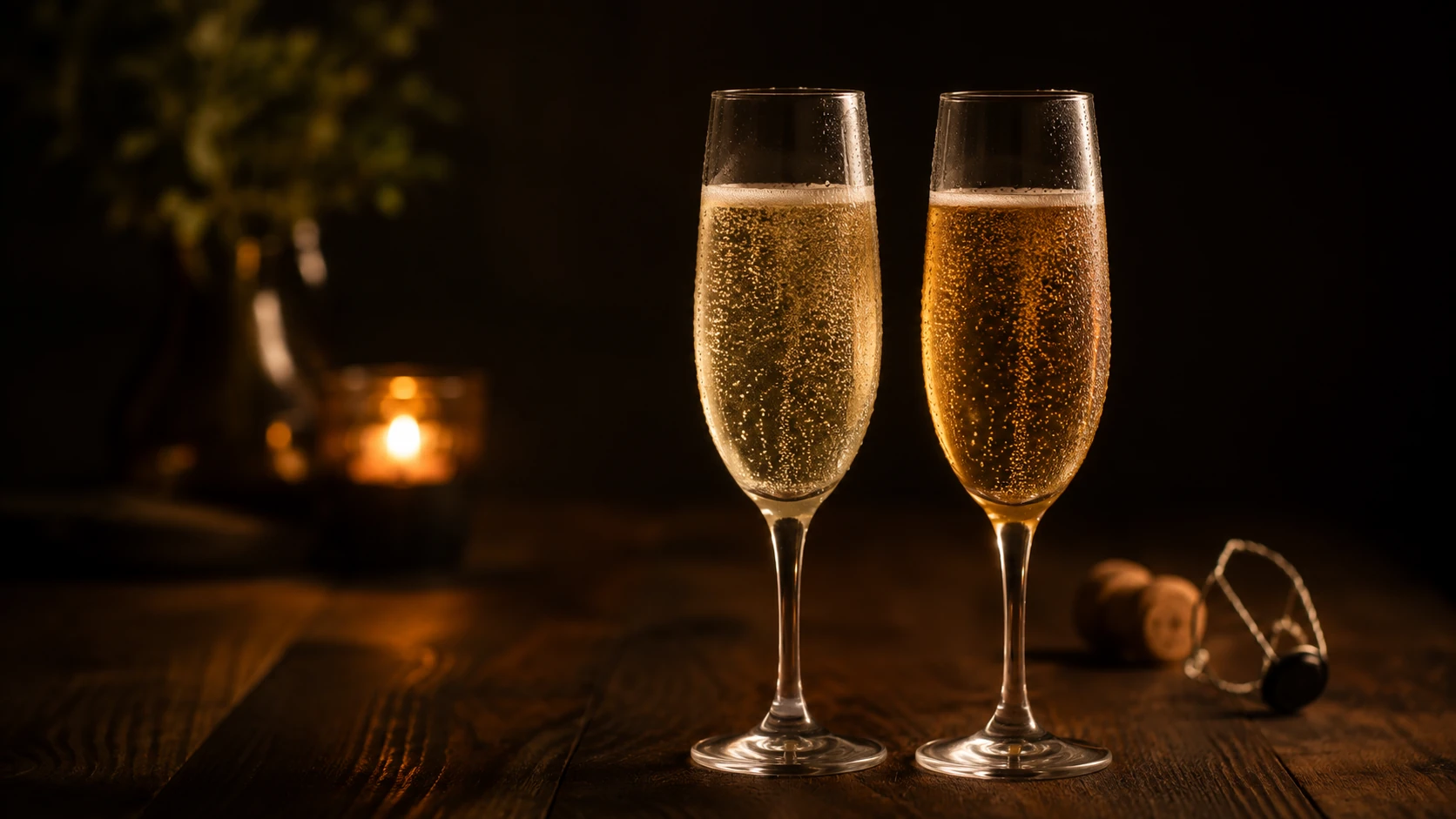 Zwei elegante Gläser mit hellem und goldfarbenem Schaumwein auf einem dunklen Holztisch bei warmem Kerzenlicht