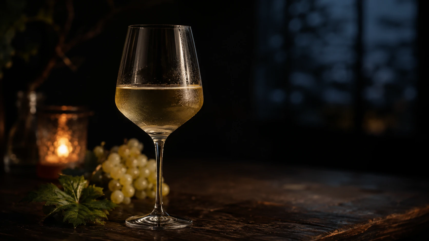 Elegantes Glas mit entalkoholisiertem Weißwein auf einem dunklen Holztisch mit Trauben, Weinblatt und warmem Kerzenlicht