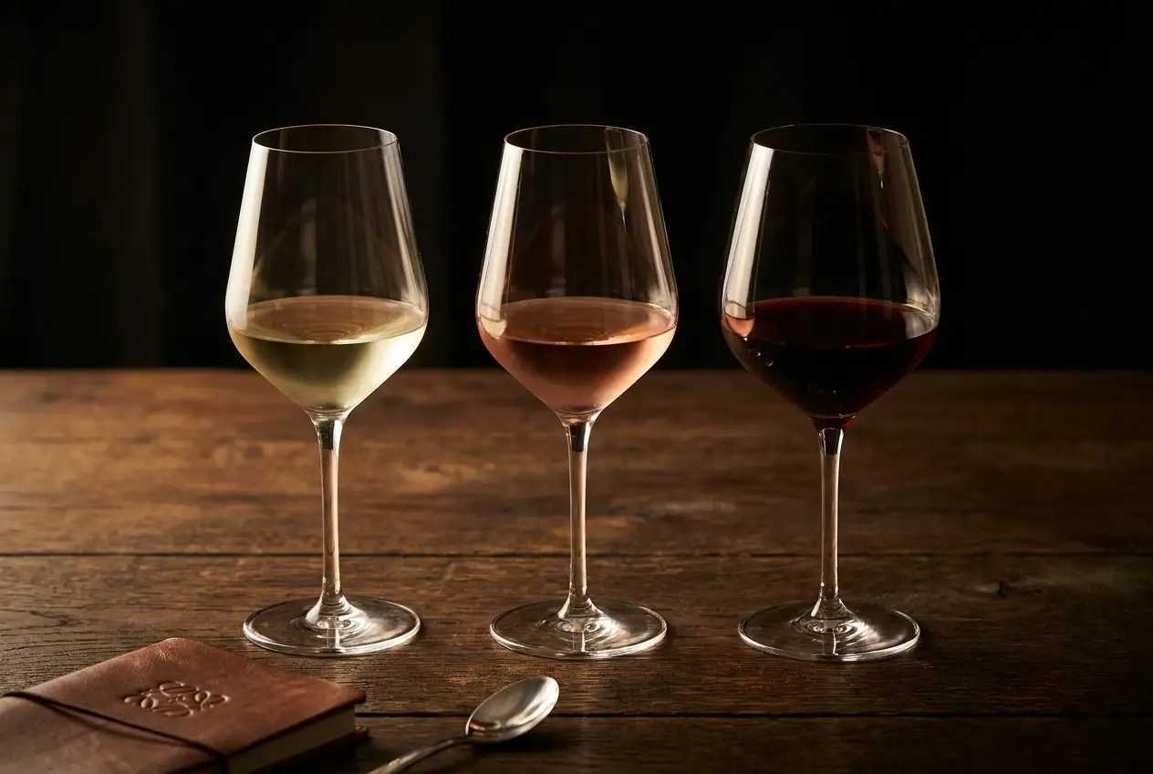 Drei Weingläser mit Weiß-, Rosé- und Rotwein auf dunklem Holztisch