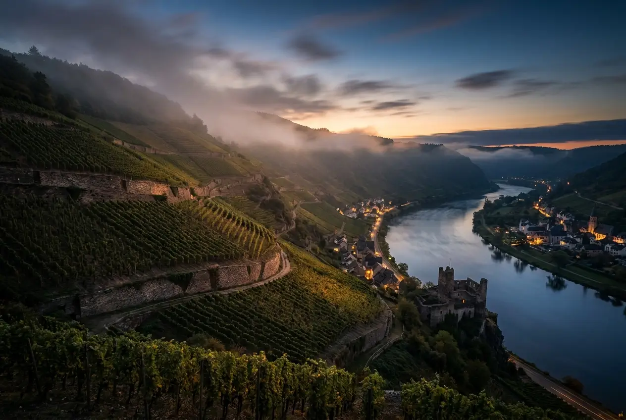 Steile Mosel-Weinberge in der Dämmerung über dem Fluss